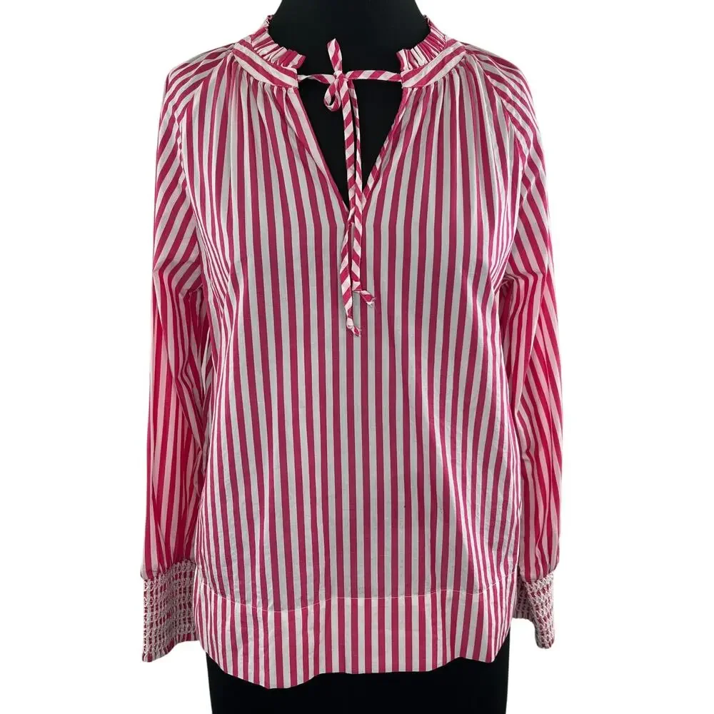 J. Crew Pink White Striped Cotton Smocked-Cuff Women's Popover Top Size S